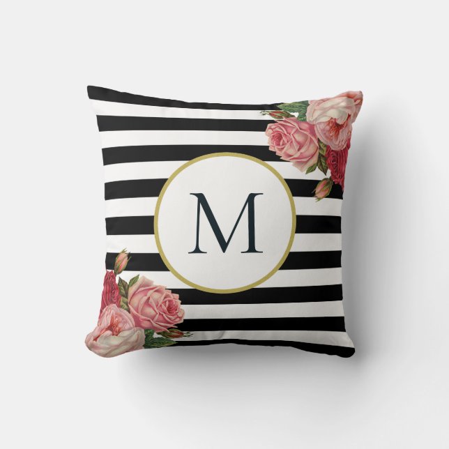 Chique zwart wit gestreepte retro bloemenmonogram kussen (Voorkant)
