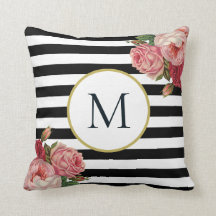 Chique zwart wit gestreepte retro bloemenmonogram