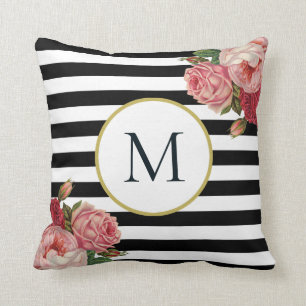 Chique zwart wit gestreepte retro bloemenmonogram kussen