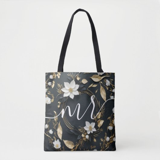 Chique Zwart Wit Goud Bloemen Krans Bruiloft bruid Tote Bag (Voorkant)