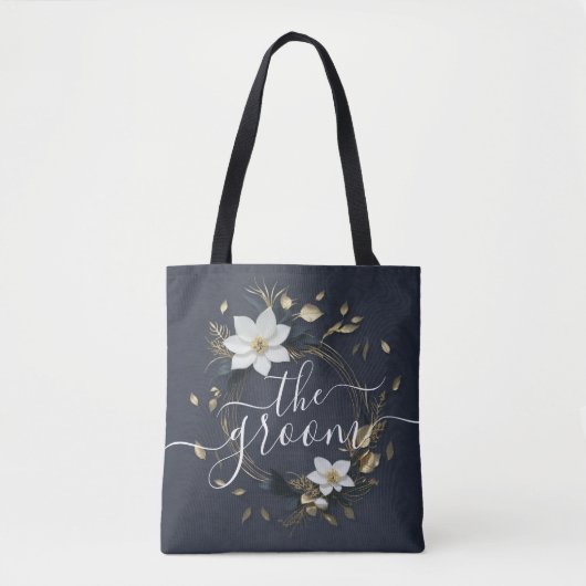 Chique Zwart Wit Goud Bloemen Krans Bruiloft bruid Tote Bag (Voorkant)