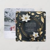 Chique zwart wit goud bloemenkrans bruiloft foto kaart (Voorkant / Achterkant)