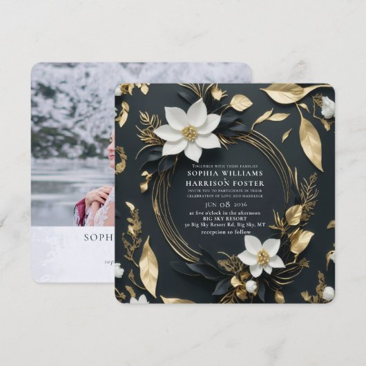 Chique zwart wit goud bloemenkrans bruiloft foto kaart (Voorkant / Achterkant)