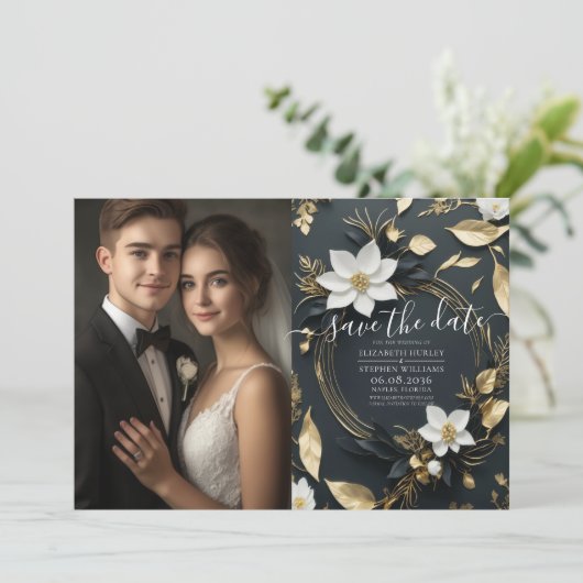 Chique zwart wit goud bloemenkrans bruiloft foto save the date (Staand voorkant)