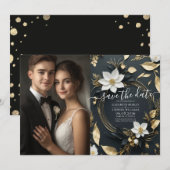 Chique zwart wit goud bloemenkrans bruiloft foto save the date (Voorkant / Achterkant)