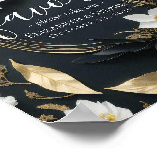 Chique zwart wit goud bloemenkrans bruiloft gunste poster (Hoek)