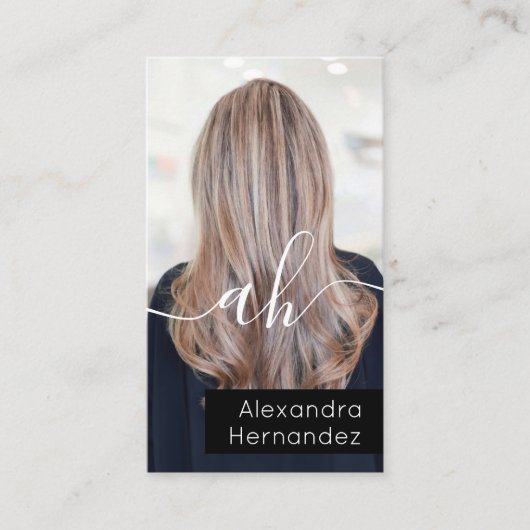 Chique Zwart Wit Haar Make-up Foto Initiaal QR Cod Visitekaartje (Voorkant)