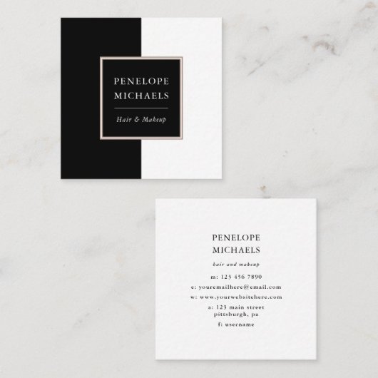 Chique zwart-wit kleurenblok vierkante visitekaartje (Voorkant / Achterkant)