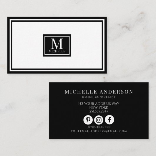 Chique Zwart Wit Luxe Monogram Modern Visitekaartje (Voorkant / Achterkant)