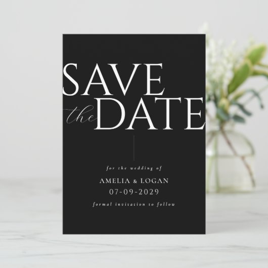 Chique Zwart-wit Modern Minimalist Save The Date (Staand voorkant)