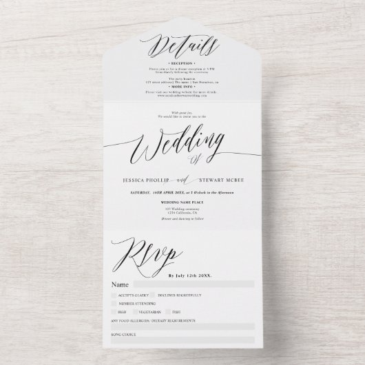 Chique zwart wit moderne kalligrafie bruiloft all in one uitnodiging (Binnen)