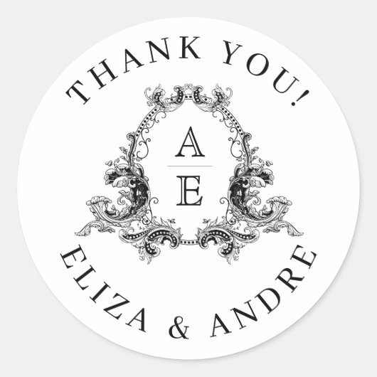 Chique, zwart-wit Monogram Crest Ronde Sticker (Voorkant)