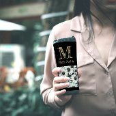 Chique zwart-wit monogram florale minimalist thermosbeker