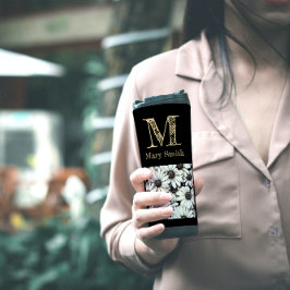 Chique zwart-wit monogram florale minimalist thermosbeker