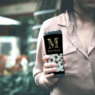 Chique zwart-wit monogram florale minimalist thermosbeker