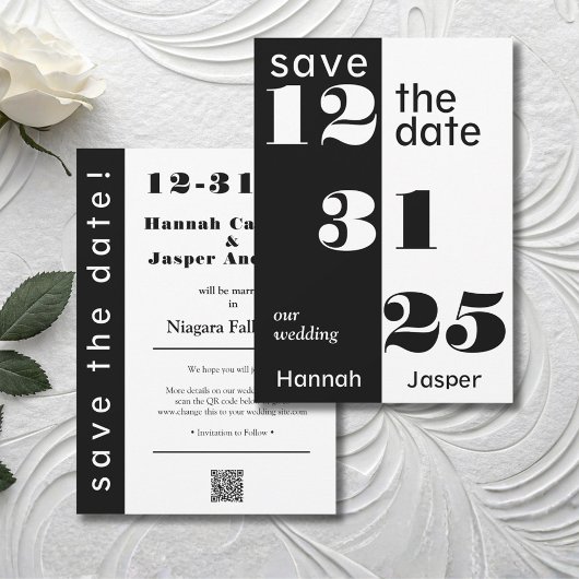 Chique Zwart & Wit Nieuwjaarsavond Bruiloft Save The Date