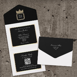 Chique zwart-wit QR-code trouwkaart All In One Uitnodiging