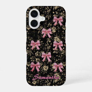 Chique Zwart Wit Roze Toile Coquette Strik Monogra iPhone 16 Hoesje