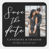 Chique Zwart Wit Script Koppel Foto Save the Date Vierkante Sticker (Voorkant)