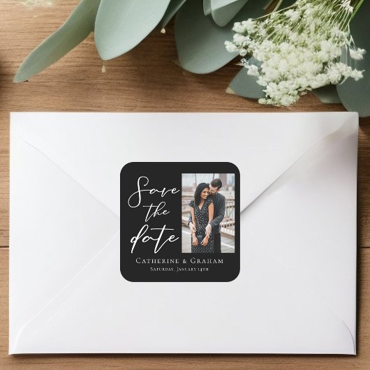 Chique Zwart Wit Script Koppel Foto Save the Date Vierkante Sticker