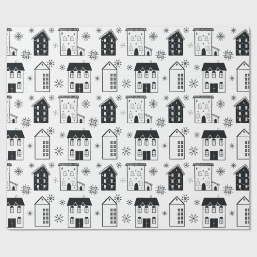 Chique Zwart-wit Sneeuwvlokken Huizen Vakantie Cadeaupapier (Vlak)