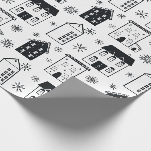 Chique Zwart-wit Sneeuwvlokken Huizen Vakantie Cadeaupapier (Hoek)