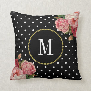 Chique Zwart Wit Stippen  Bloemen Monogram Kussen