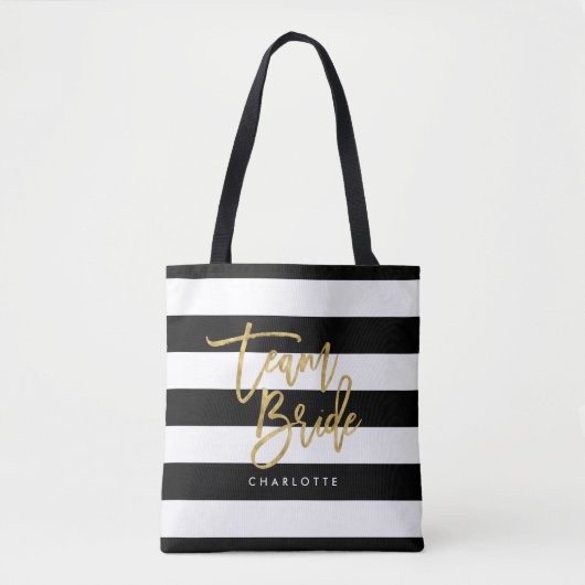 Chique zwart-wit strepen faux goud team bruid tote bag (Voorkant)