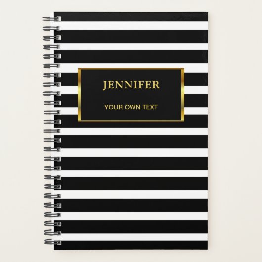 Chique zwart & wit strepen goud stijlvol elegant planner (Voorkant)