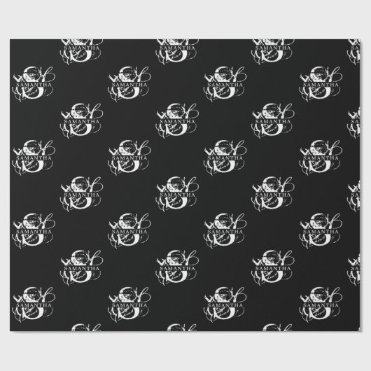 Chique Zwart & Wit Verdrietig Script Monogram Cadeaupapier (Vlak)