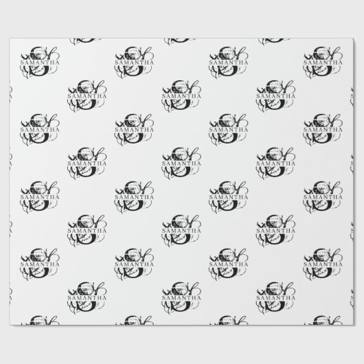 Chique Zwart & Wit Verdrietig Script Monogram Cadeaupapier (Vlak)