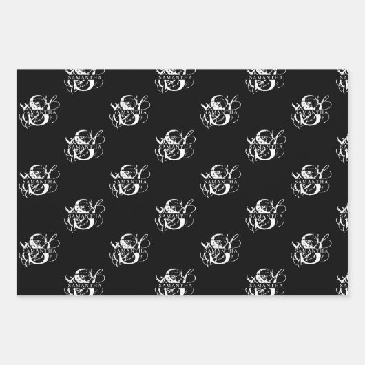 Chique Zwart & Wit Verdrietig Script Monogram Inpakpapier Vel (Voorkant 2)