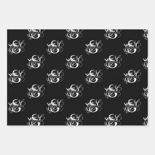 Chique Zwart & Wit Verdrietig Script Monogram Inpakpapier Vel (Voorkant)