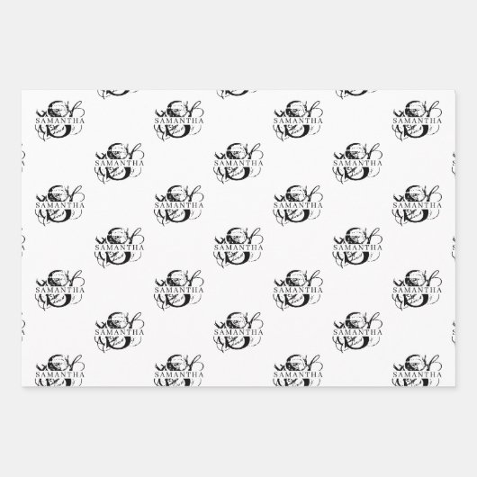 Chique Zwart & Wit Verdrietig Script Monogram Inpakpapier Vel (Voorkant 3)