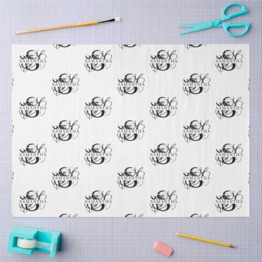 Chique Zwart & Wit Verdrietig Script Monogram Tissuepapier (Craft)