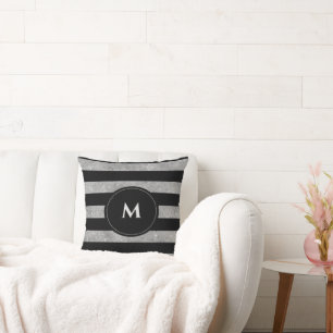 Chique Zwart Zilver Glitter Gestreepte Monogram  Kussen