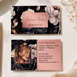 chique zwarte bloemige roze monogram kapsalon visitekaartje