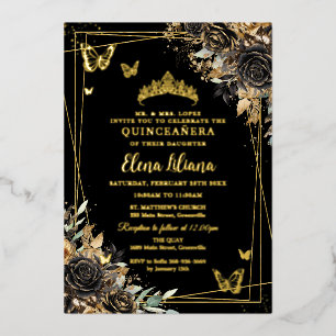 Chique zwarte en gouden bloemvlinder Quinceañera Folie Uitnodiging