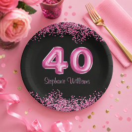 Chique zwarte en roze glitters 40ste verjaardagsfe papieren bordje
