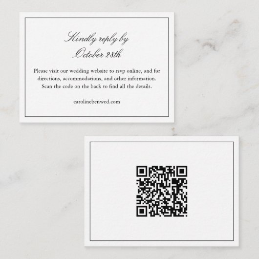 Chique Zwarte en Witte Trouwwebsite QR Code RSVP Informatiekaartje (Voorkant / Achterkant)