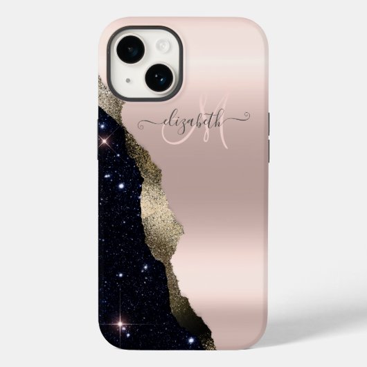 Chique Zwarte Glitter Roze Gouden Monogram Case-Mate iPhone Case (Achterkant)