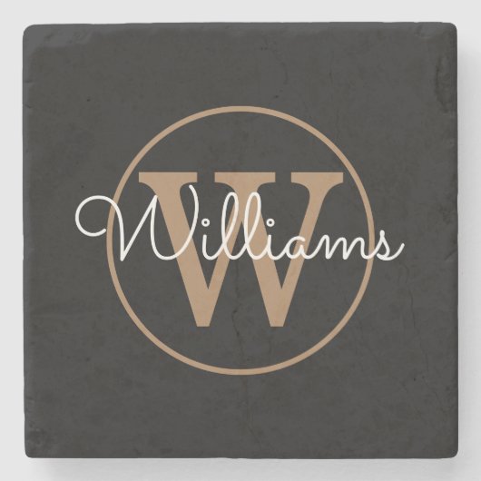 Chique Zwarte Goud Monogram Script Naam Steen Onde Stenen Onderzetter (Voorkant)