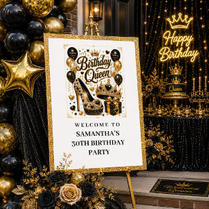 Chique Zwarte Gouden Glitter Verjaardag Koningin W Poster
