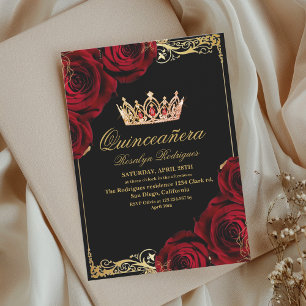 Chique Zwarte Gouden Rode Roos Foto Quinceanera Folie Uitnodiging