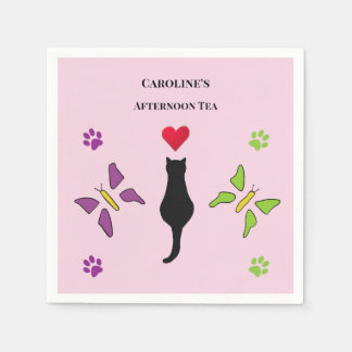 Chique Zwarte Kat en Vlinders Roze Afternoon Tea Servet