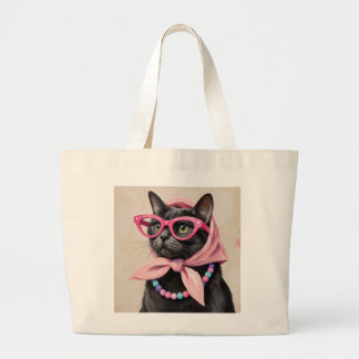 Chique Zwarte Kat in Roze Babushka Sjaal Retro Grote Tote Bag