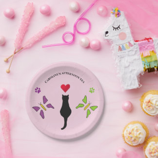 Chique Zwarte Kat & Vlinders Roze Afternoon Tea Papieren Bordje