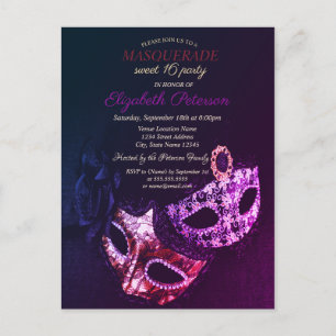 Chique Zwarte Maskerade, Masker Sweet 16 Uitnodiging Briefkaart