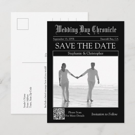 Chique Zwarte QR Code Krant Huwelijk Save the Date Briefkaart (Voorkant / Achterkant)