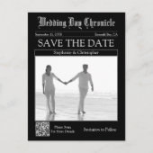 Chique Zwarte QR Code Krant Huwelijk Save the Date Briefkaart (Voorkant)